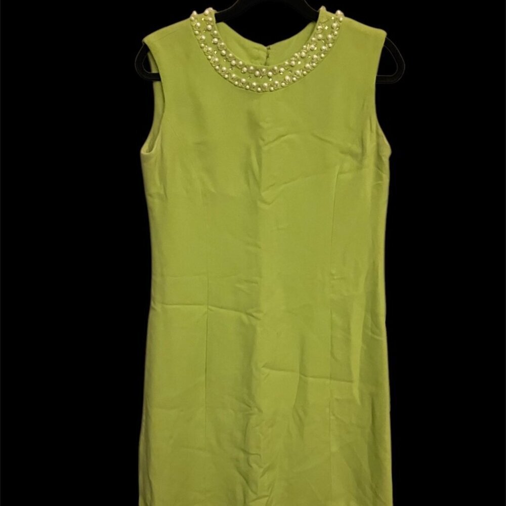 Vintage Lime Green Beaded Collar Sleeveless Midi Dress